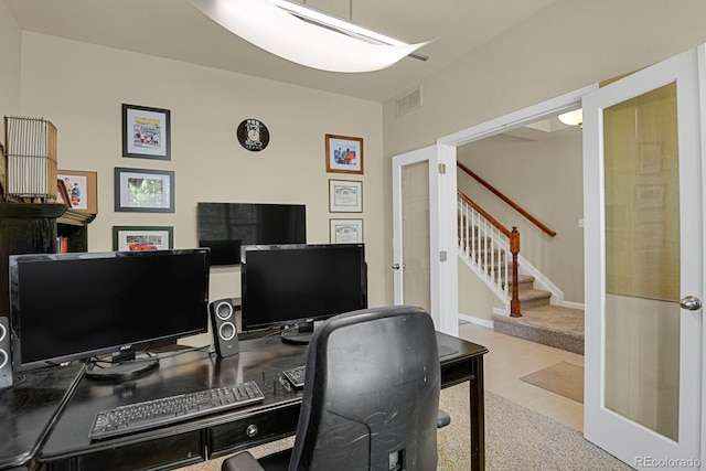 tiled home office with french doors