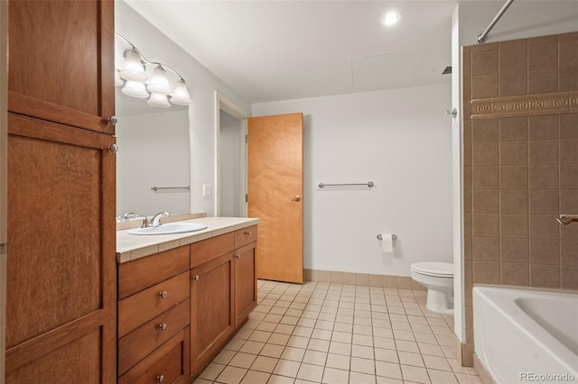 full bathroom featuring tile patterned flooring, vanity, toilet, and washtub / shower combination