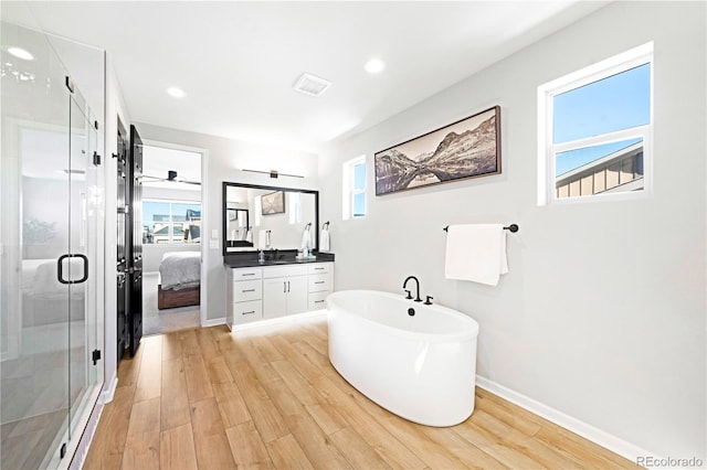 bathroom featuring vanity, independent shower and bath, and hardwood / wood-style flooring