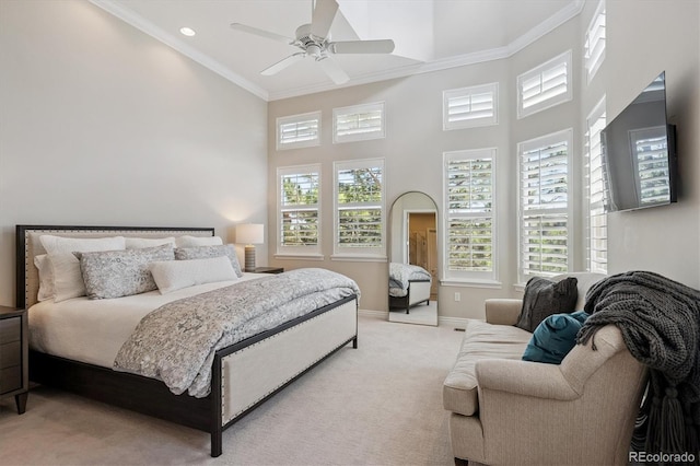7834 Vallagio Ln, Englewood, CO 80112 - bedroom with light carpet, ornamental molding, a towering ceiling, and ceiling fan