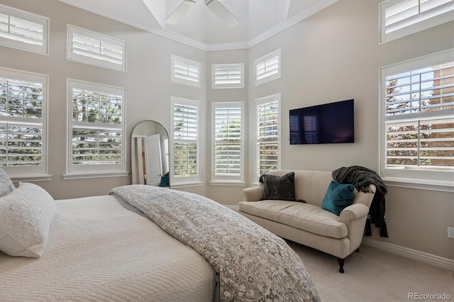 7834 Vallagio Ln, Englewood, CO 80112 - carpeted bedroom featuring crown molding, a towering ceiling, and ceiling fan