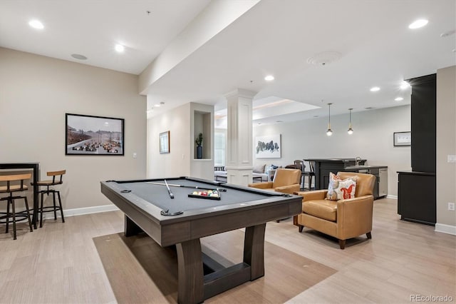 7834 Vallagio Ln, Englewood, CO 80112 - rec room featuring decorative columns, light wood-style floors, billiards table, and recessed lighting