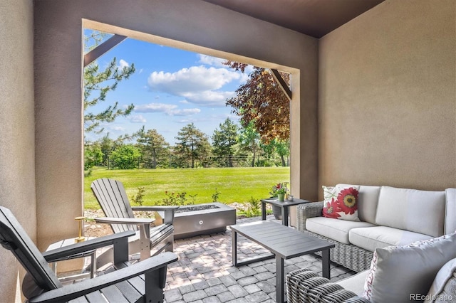 7834 Vallagio Ln, Englewood, CO 80112 - view of patio / terrace featuring an outdoor hangout area and view of wooded area