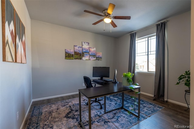 home office with ceiling fan and dark hardwood / wood-style floors