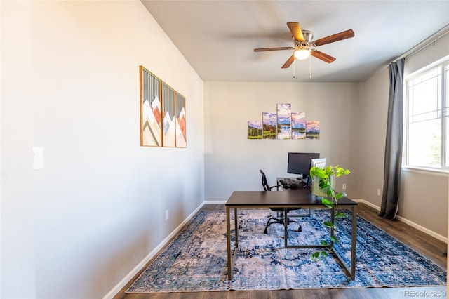 office area with hardwood / wood-style flooring and ceiling fan