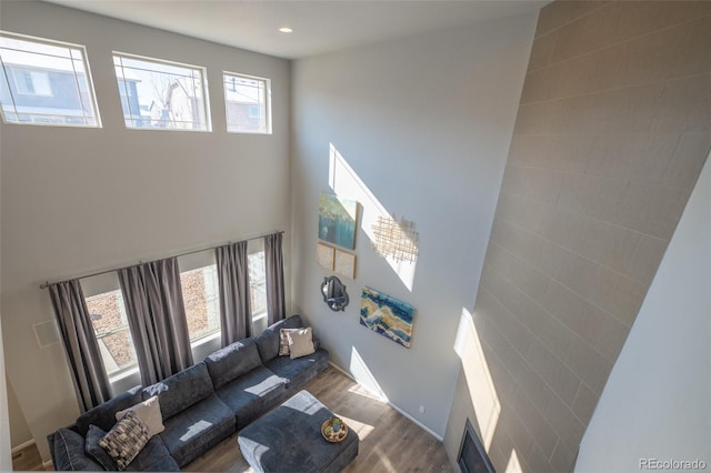 living room with a towering ceiling and hardwood / wood-style floors