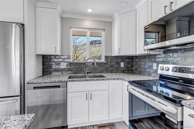 kitchen with a sink, stainless steel appliances, and white cabinets