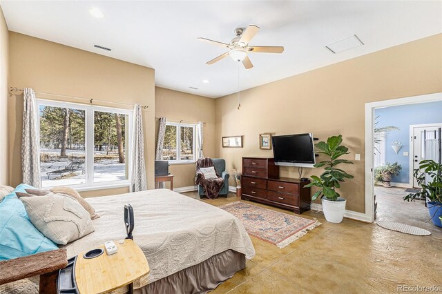 bedroom featuring a ceiling fan, recessed lighting, visible vents, and baseboards