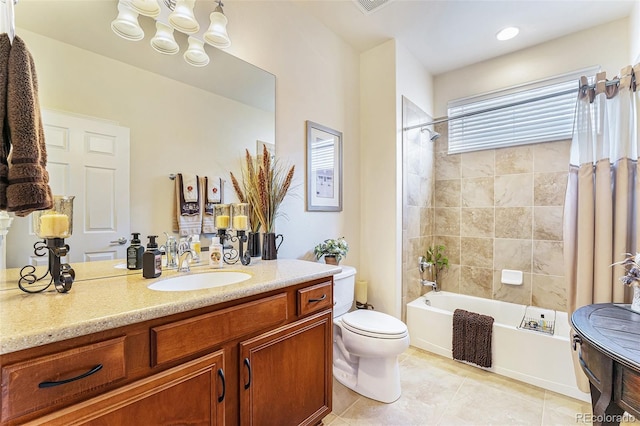 19780 W 57th Ln, Golden, CO 80403 - bathroom with vanity, toilet, shower / tub combo with curtain, tile patterned floors, and a chandelier