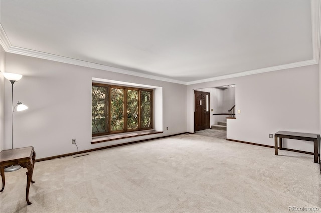 9420 Mcgill Ct, Parker, CO 80134 - unfurnished living room featuring ornamental molding, stairs, and carpet