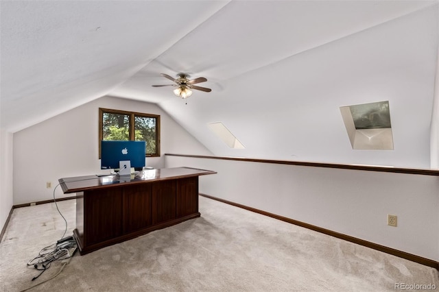 9420 Mcgill Ct, Parker, CO 80134 - office space featuring light colored carpet, ceiling fan, lofted ceiling, and a skylight
