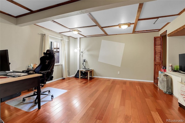 home office with vaulted ceiling with beams and light hardwood / wood-style floors