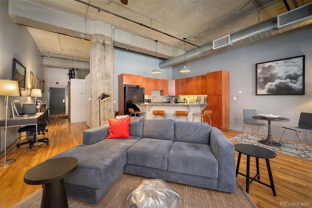 living room with a towering ceiling and light hardwood / wood-style floors