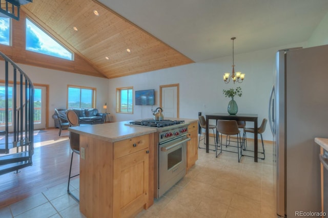 kitchen featuring appliances with stainless steel finishes, light brown cabinetry, pendant lighting, wooden ceiling, and a kitchen island