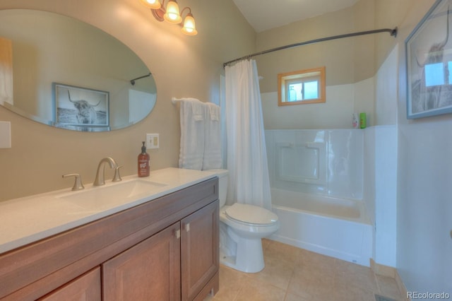 full bathroom featuring tile patterned floors, vanity, toilet, and shower / bath combo with shower curtain