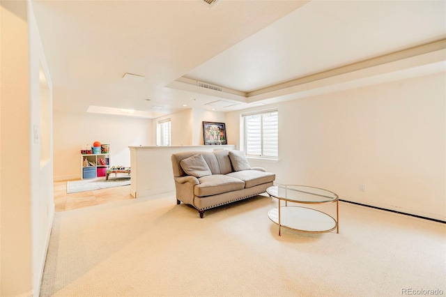 living area with a raised ceiling and light colored carpet