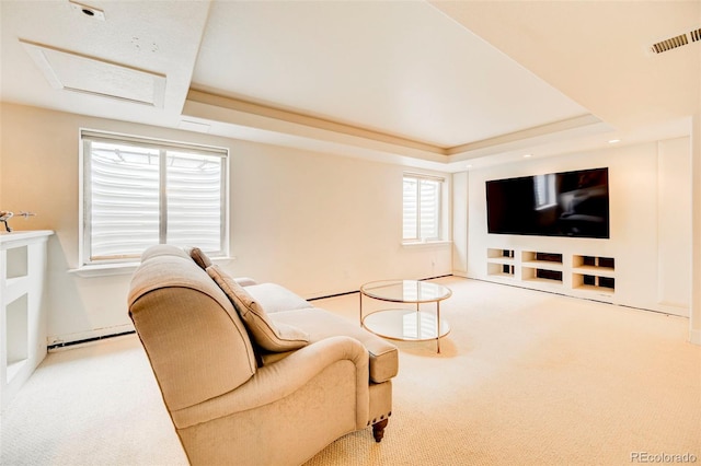 living room featuring carpet and a raised ceiling