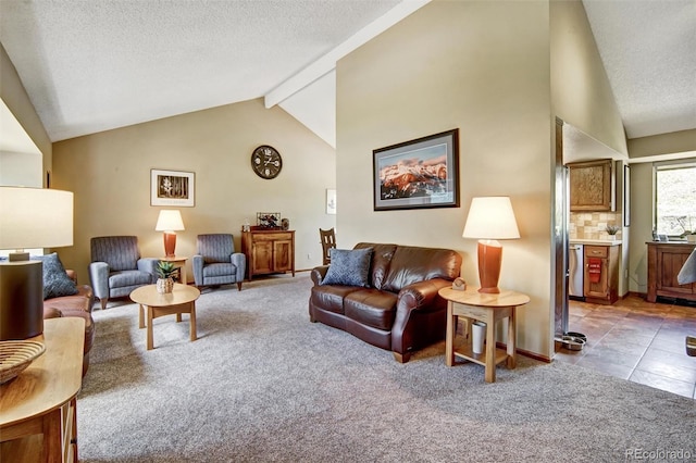living room featuring carpet, a textured ceiling, beamed ceiling, high vaulted ceiling, and baseboards