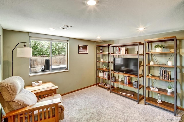 living area with carpet floors, baseboards, and a textured ceiling
