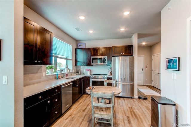 155 S Monaco Street Parkway Unit 311, Denver, CO 80224 - kitchen featuring visible vents, decorative backsplash, appliances with stainless steel finishes, light wood-style floors, and a sink