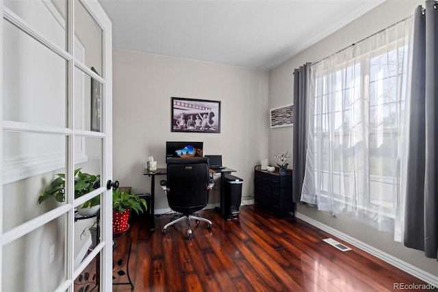 5611 S Sicily Cir, Aurora, CO 80015 - office space featuring french doors, visible vents, and dark wood finished floors