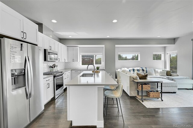7035 E 38th Ave Unit 4, Denver, CO 80207 - kitchen with stainless steel appliances, a sink, open floor plan, backsplash, and a kitchen island with sink