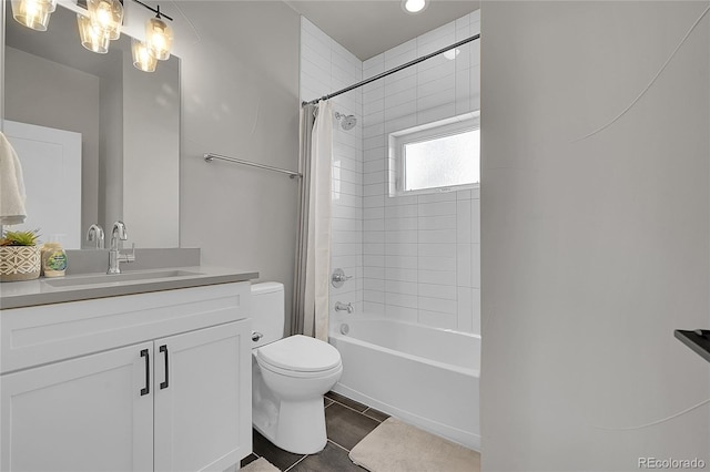 7035 E 38th Ave Unit 4, Denver, CO 80207 - full bath featuring toilet, shower / bathtub combination with curtain, tile patterned floors, and vanity
