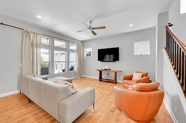 6632 Osage St, Denver, CO 80221 - living room with ceiling fan, light wood-type flooring, recessed lighting, baseboards, and stairway