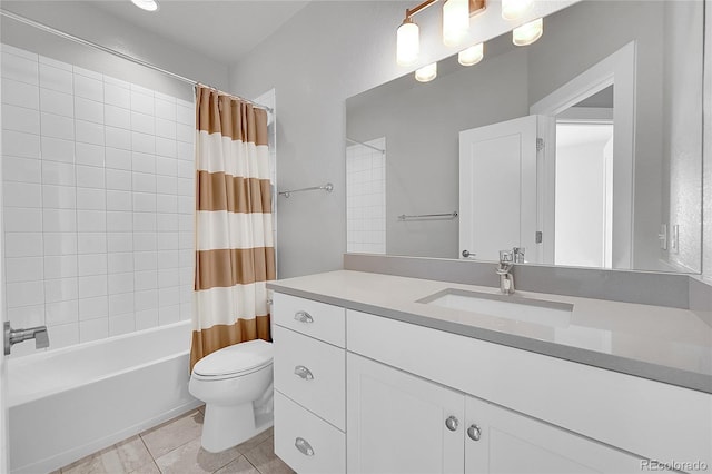6632 Osage St, Denver, CO 80221 - bathroom with toilet, shower / bathtub combination with curtain, vanity, and tile patterned flooring