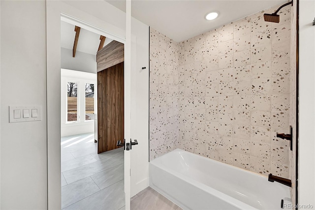 bathroom with recessed lighting and tile patterned flooring