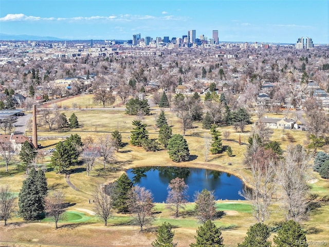 aerial view featuring a city view and a water view