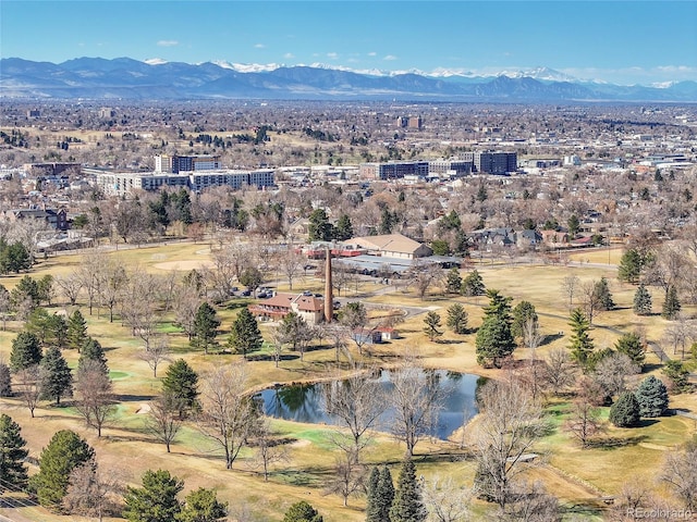 bird's eye view with a water and mountain view