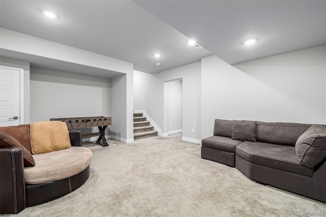6018 Beeler Ct, Denver, CO 80238 - living area with carpet, baseboards, stairway, and recessed lighting