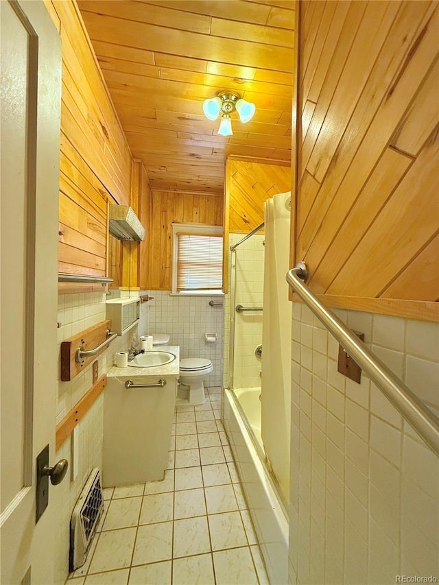 full bathroom with visible vents, toilet, tile patterned flooring, enclosed tub / shower combo, and wood ceiling