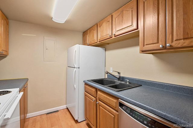 1195 S Oneida St Unit E, Denver, CO 80224 - kitchen with white appliances, electric panel, light wood-style flooring, and dark countertops