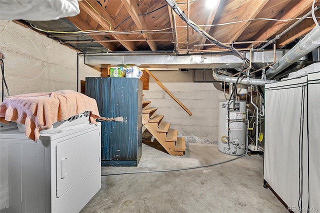 unfinished basement featuring water heater, stairway, and washer / clothes dryer