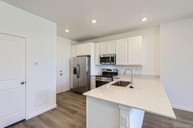 742 N Bently St, Watkins, CO 80137 - kitchen with stainless steel appliances, white cabinets, wood finished floors, light stone counters, and recessed lighting