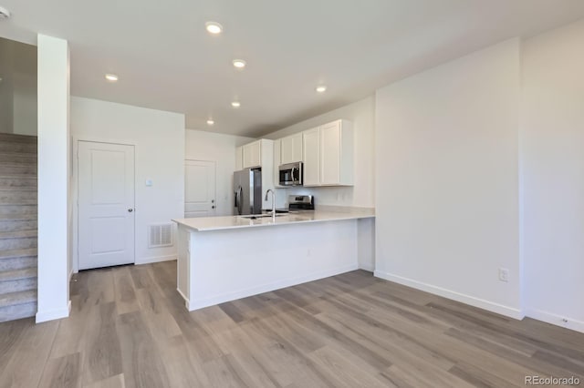 742 N Bently St, Watkins, CO 80137 - kitchen with appliances with stainless steel finishes, a peninsula, light wood-style flooring, light countertops, and white cabinets