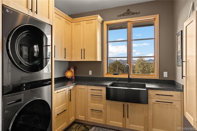 15077 Wilson Peak Rd, Pine, CO 80470 - laundry area featuring stacked washer and clothes dryer and cabinet space