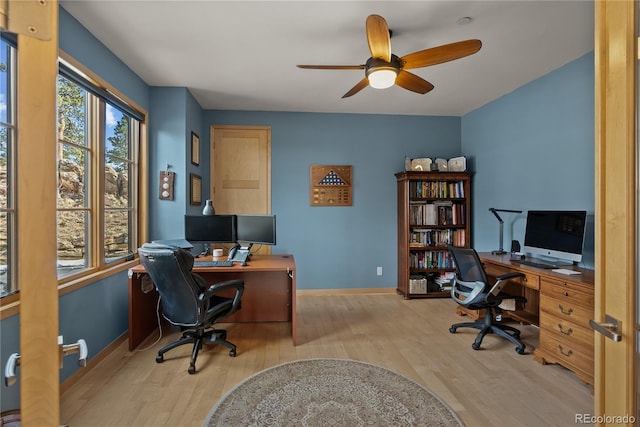 15077 Wilson Peak Rd, Pine, CO 80470 - office space featuring wood finished floors and a ceiling fan