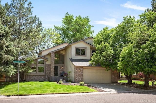 7582 Powderhorn Dr, Lone Tree, CO 80124 - mid-century home with brick siding, driveway, a garage, and a shingled roof