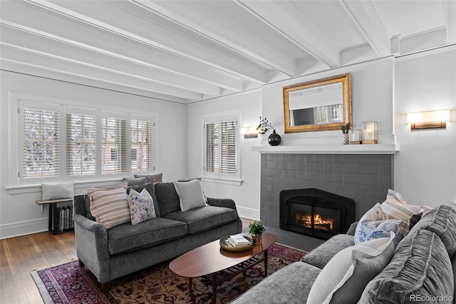 living room featuring plenty of natural light, a fireplace, wood finished floors, and baseboards