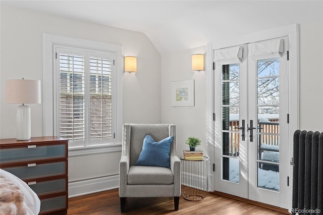 living area with lofted ceiling, french doors, wood finished floors, and radiator