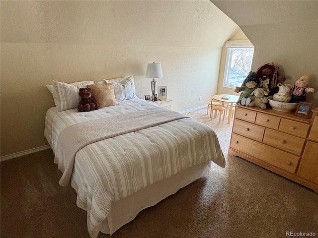 bedroom featuring baseboards, vaulted ceiling, and light carpet