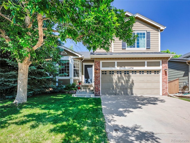 1234 Riddlewood Ln, Highlands Ranch, CO 80129 - view of front of property with driveway, an attached garage, brick siding, and a front lawn
