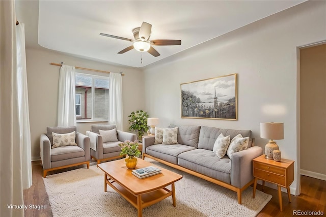 4072 Ames St, Wheat Ridge, CO 80212 - living area featuring a ceiling fan, wood finished floors, and baseboards