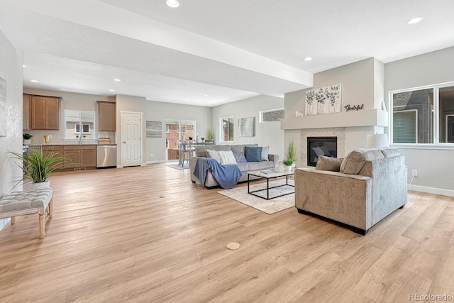 living room with light hardwood / wood-style flooring and a tiled fireplace