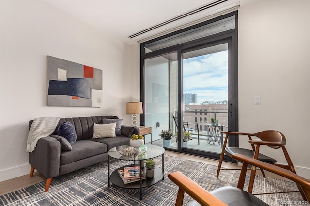 living area featuring baseboards, wood finished floors, and a city view