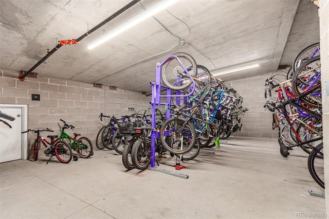 garage with concrete block wall and bike storage