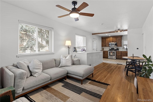 living room featuring ceiling fan and light wood-type flooring